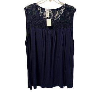 Navy Blue Sleeveless Top With Lace Detail By StitchWorks Los Angeles Sz 2X Polye